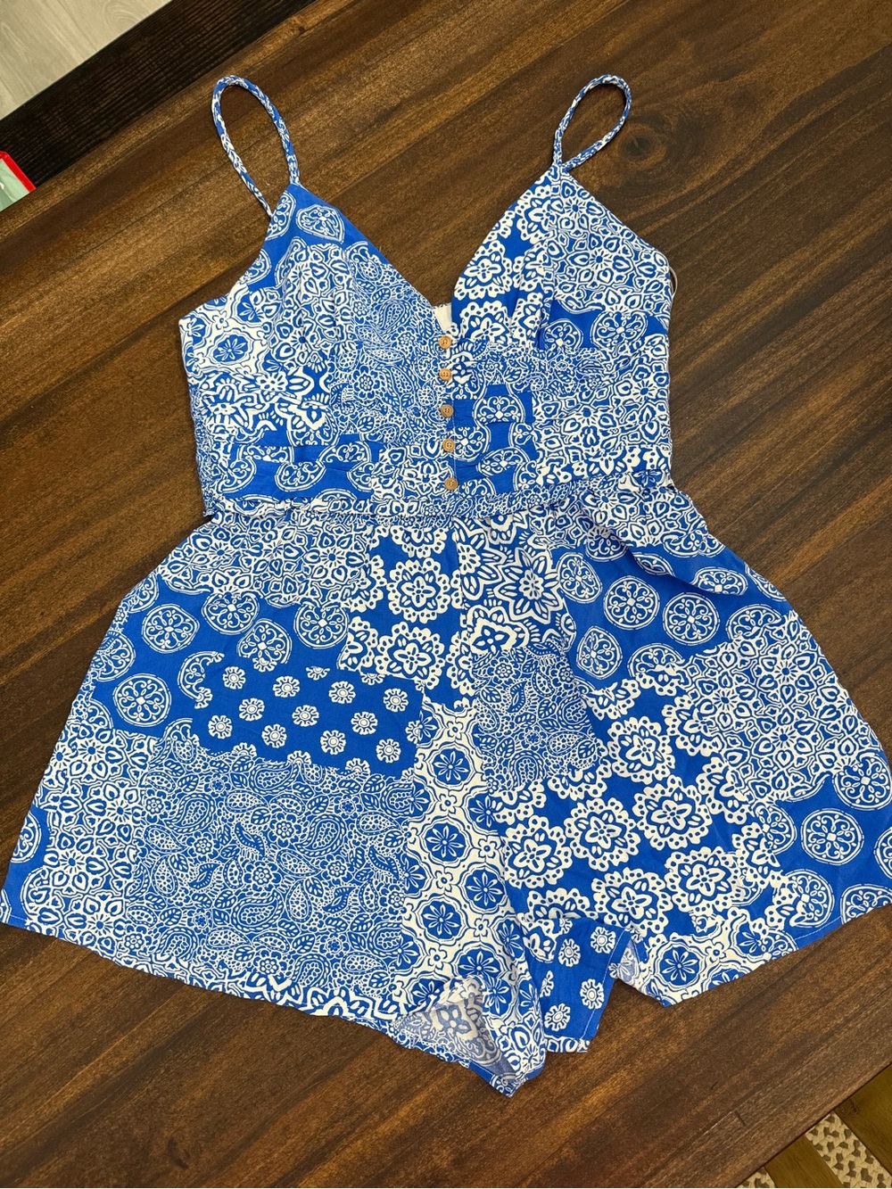 Zara Blue and White Paisley Patchwork Romper - Picture 1 of 7